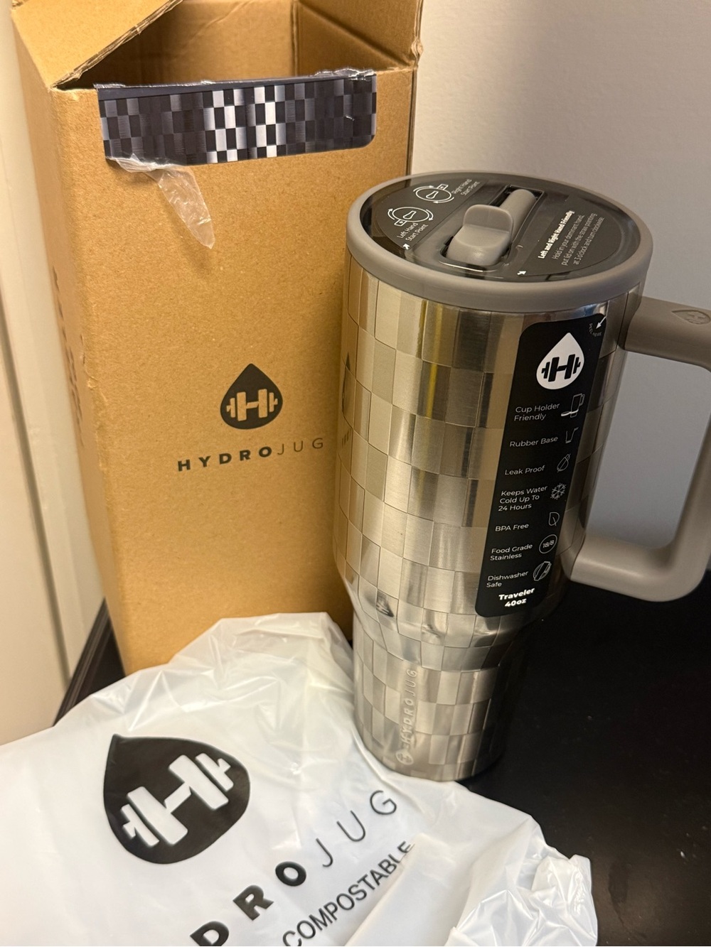 NWT HydroJug Stainless Silver Checkered Disco Traveler - 40oz